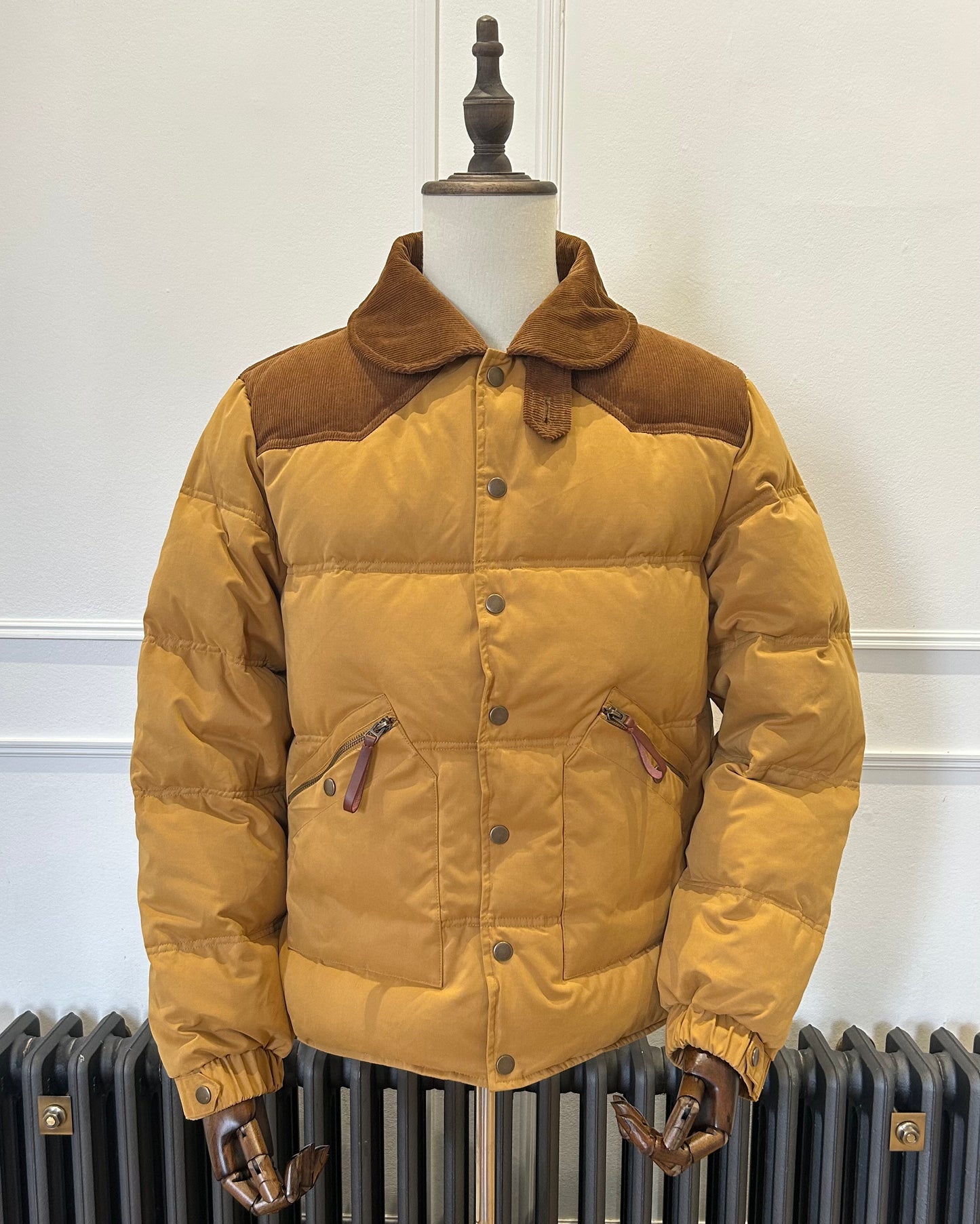 Supermoon Hunting Down Jacket with 90/10 duck down, product image 6. showing front view with detachable collar removed leaving the rounded cord collar showing.