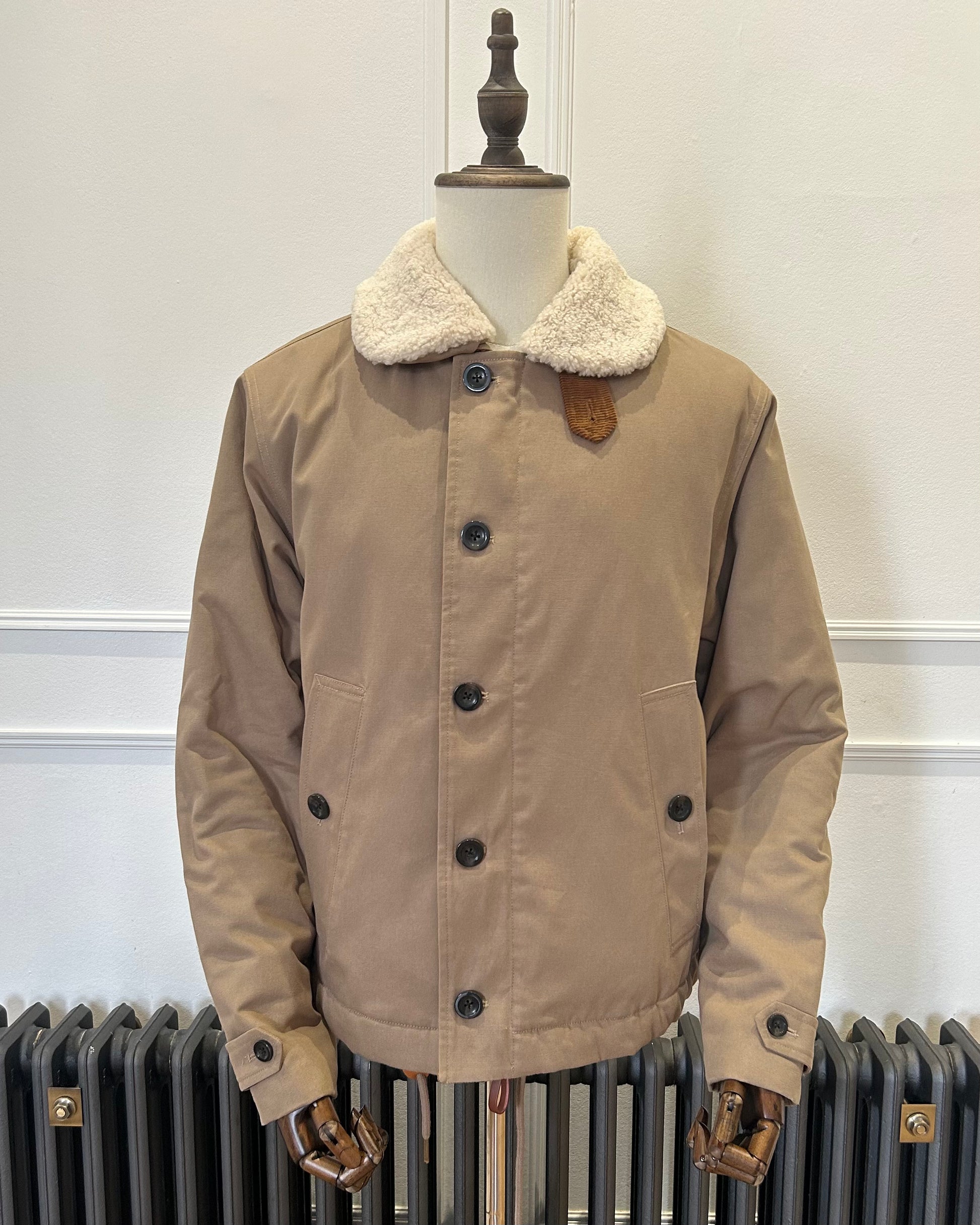 Supermoon Deck Jacket in cotton duck canvas, product image 1 showing front vew with collar worn down 