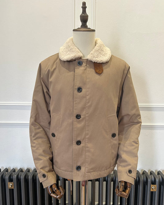 Supermoon Deck Jacket in cotton duck canvas, product image 1 showing front vew with collar worn down 