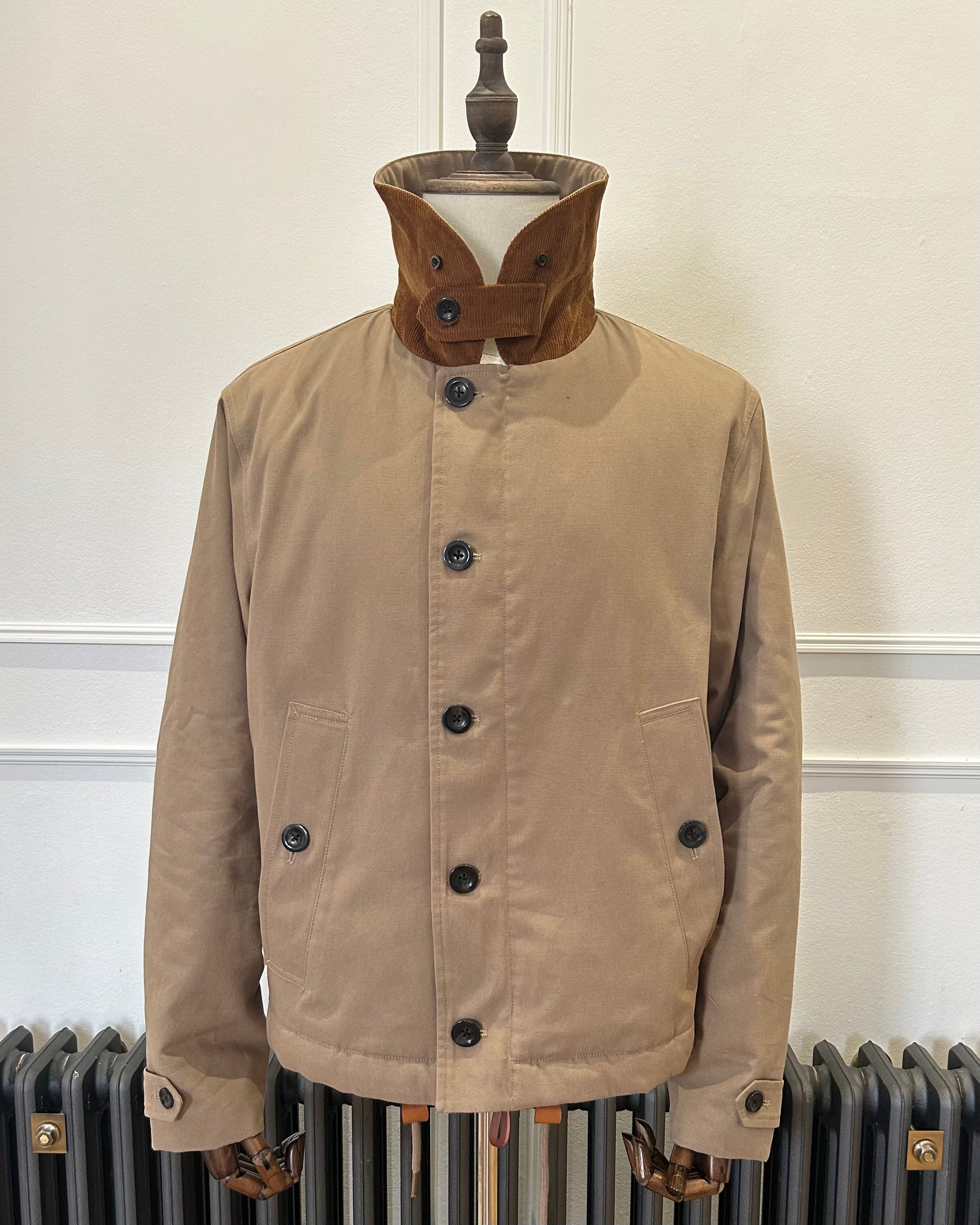 Supermoon Deck Jacket in cotton duck canvas, product image 5. Showing front view with collar worn up without the detachable fur collar 
