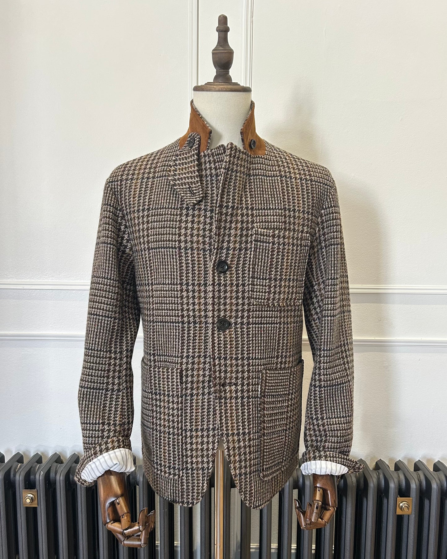 Supermoon Sack Jacket  sports jacket in wool blend  check, product image 2. Showing collar worn up showing cord contrast collar 