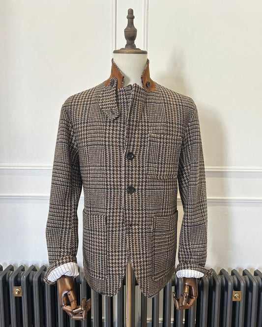 Supermoon Sack Jacket  sports jacket in wool blend  check, product image 2. Showing collar worn up showing cord contrast collar 