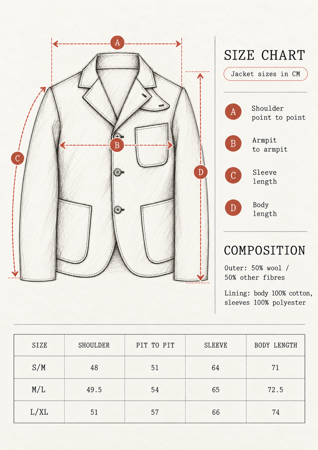 A size chart and measurement diagram for a sports  jacket, showing a line drawing of the jacket with red measurement arrows labeled A, B, C, and D, plus a size table at the bottom with measurements for S/M, M/L, and L/XL. Also showing fabric composition 
