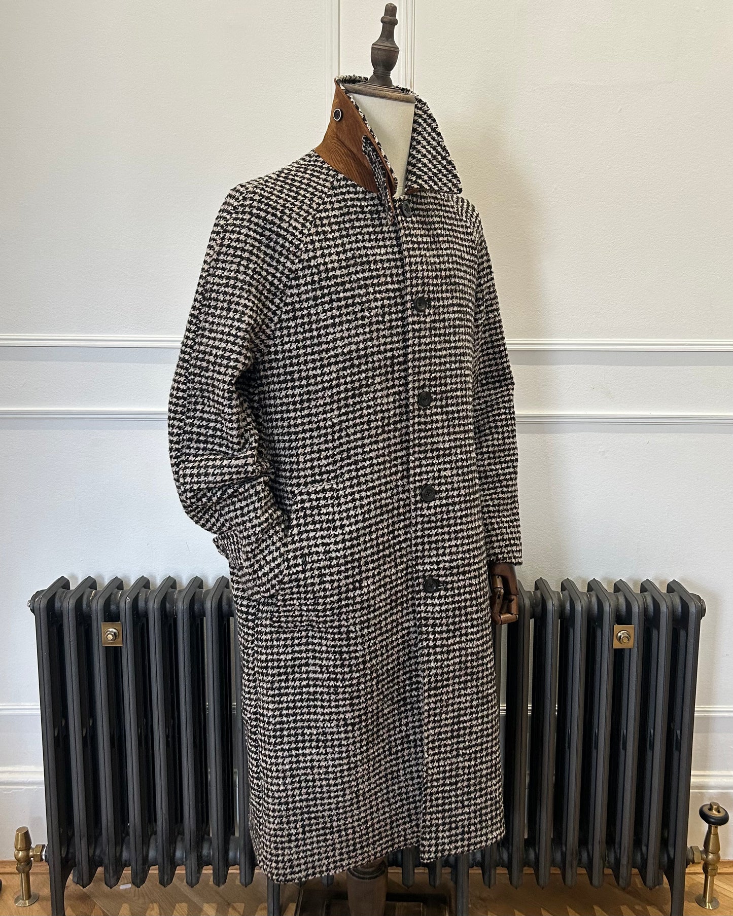 Supermoon Balmacaan wool blend dogtooth coat, product image 5. showing 3/4 view with collar up 