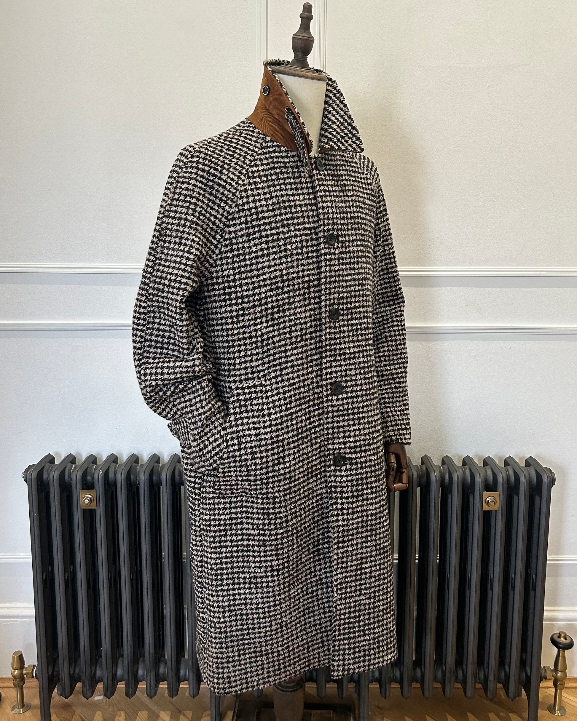 Supermoon Balmacaan wool blend dogtooth coat, product image 5. showing 3/4 view with collar up 
