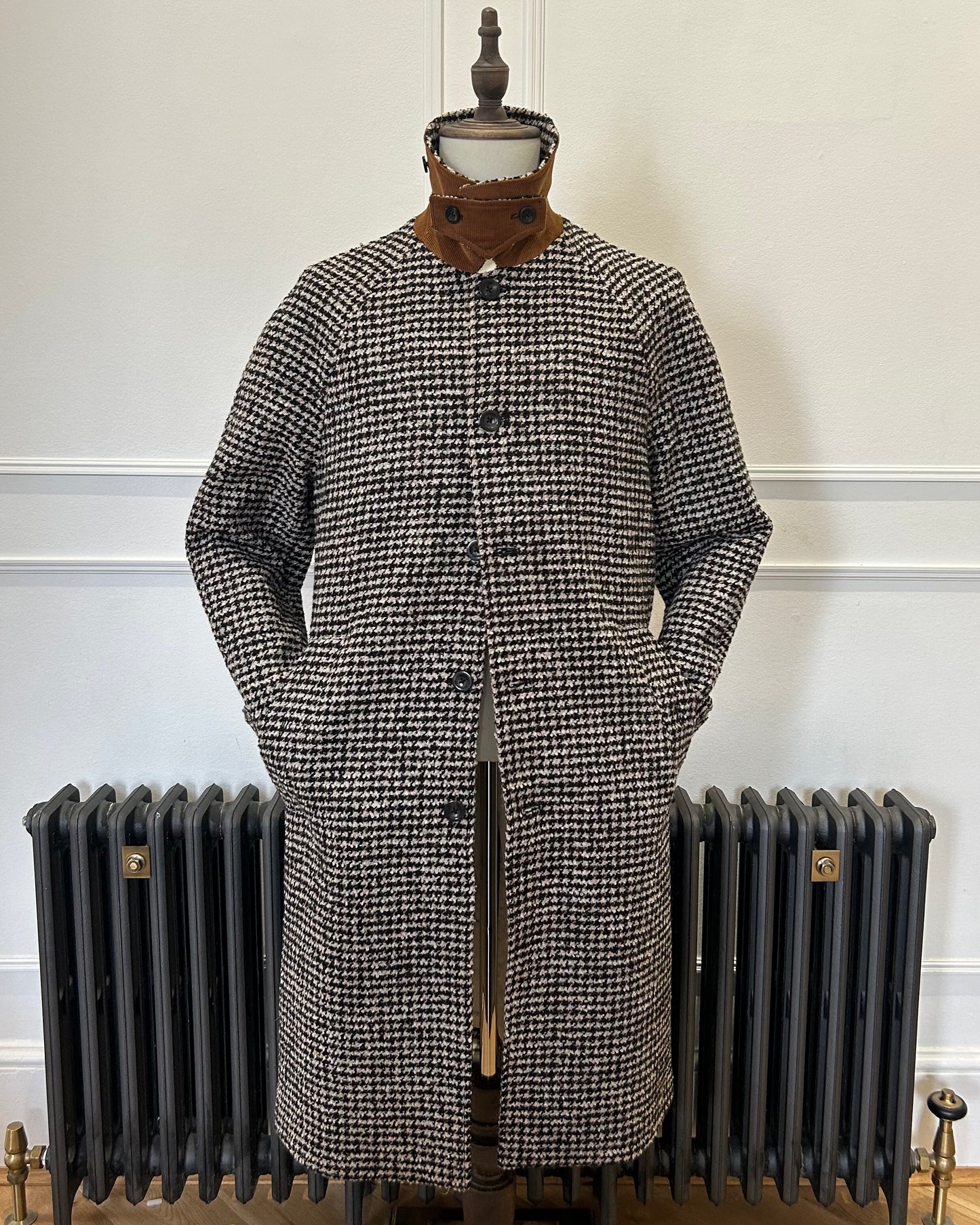 Supermoon Balmacaan wool blend dogtooth coat, product image 2 front view with collar worn up showing cor undercollar 