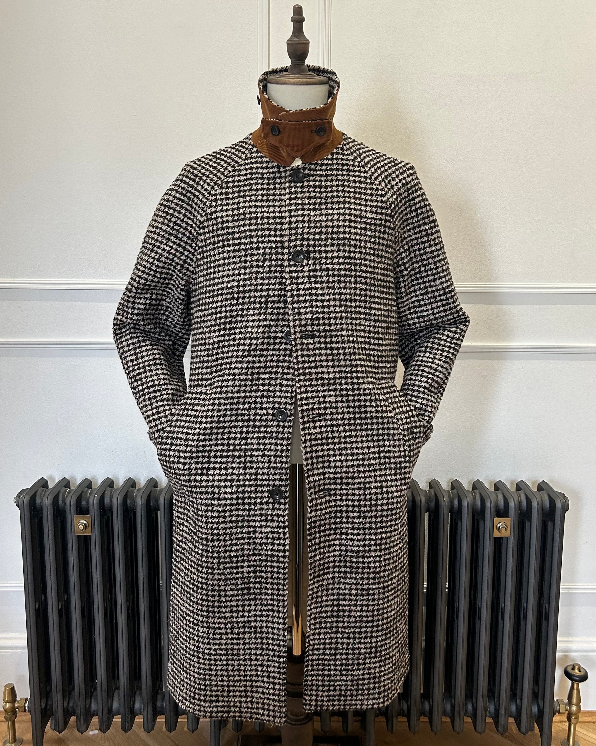 Supermoon Balmacaan wool blend dogtooth coat, product image 2 front view with collar worn up showing cor undercollar 