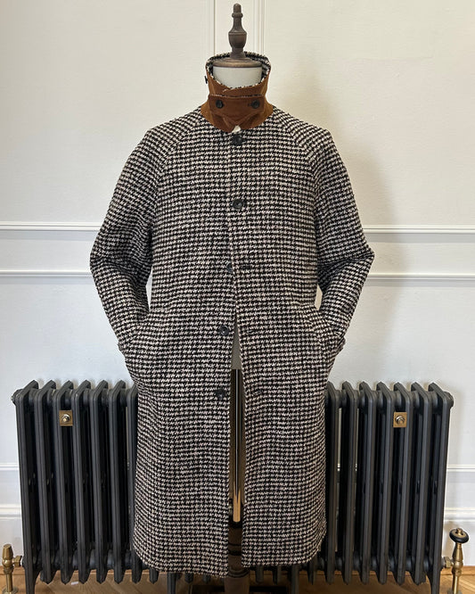 Supermoon Balmacaan wool blend dogtooth coat, product image 2 front view with collar worn up showing cor undercollar 