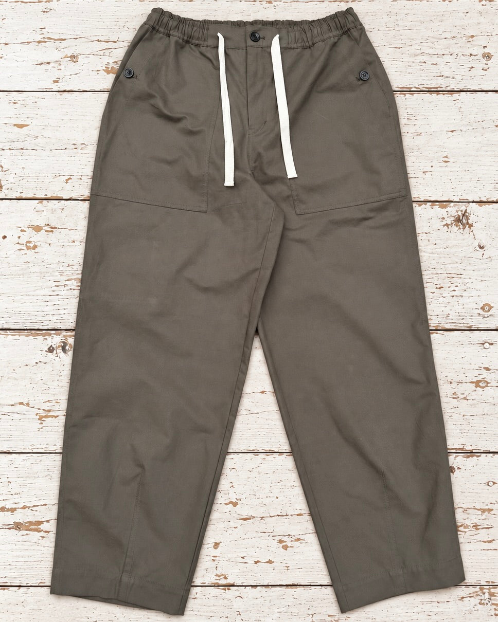 Supermoon Fatigue Pant in khaki cotton twill with patch pockets and carpenter pocket with grossgrain drawstring waist  product image 1